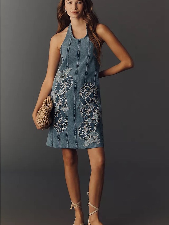 Maeve Dresses & Skirts - Maeve Denim Halter Shift Dress with White Floral Embroidery - Blue